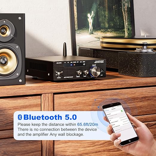 Facmogu AK-3116 HiFi Digital Amplifier, Bluetooth 5.3 200W Dual TPA3116 2 Channel 2x100W Class D Stereo Receiver w/RCA, USB, Optical, FM, Mini Amp Audio System for Home, Outdoor, w/ 24V Power Supply