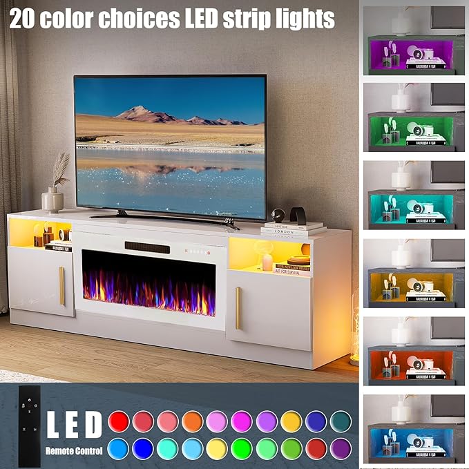 VITESSE TV Stand Fireplace with 36" inch Electric Fireplace Up to 80" TVs, LED Light Entertainment Center, 70" Modern Wood High Gloss with Highlight Storage Cabinet for Living Room (White)