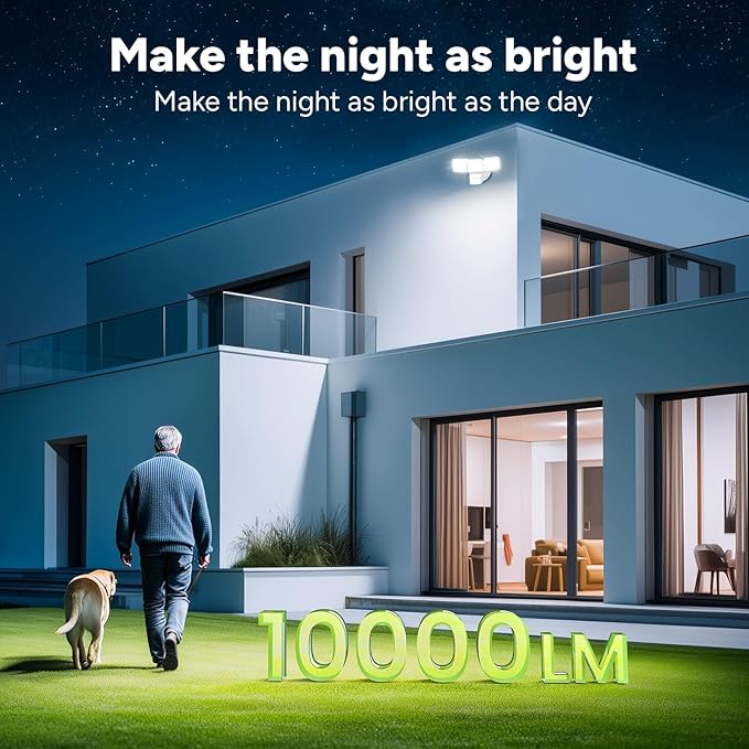 OREiN 10000LM Super Bright LED Flood Light Outdoor, Hardwired Motion Sensor Floodlight, 180°/75FT Detection, 4 Lighting Modes, IP65 Waterproof, Covers 8,000 sq.ft, Patio, Driveway, Backyard, Garage