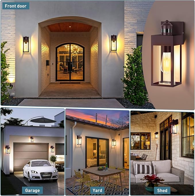 LWSOY Motion Sensor Outdoor Wall Lanterns 2 Packs, Dusk to Dawn Exterior Light Fixture, 3 Lighting Modes, Waterproof Front Porch Lights for Garage Patio Garden House Entryway, Bronze.