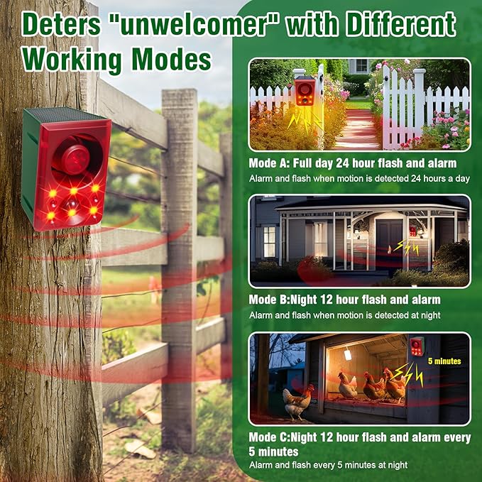 ChunHee Solar Outdoor Motion Sensor Alarm with Dog Barking Gunshot Sound, Support Recording and Adjustable Volume, 130db Loud Noise Maker 3 Work Modes Strobe Light for Home, Villa, Farm, Barn (1pack)