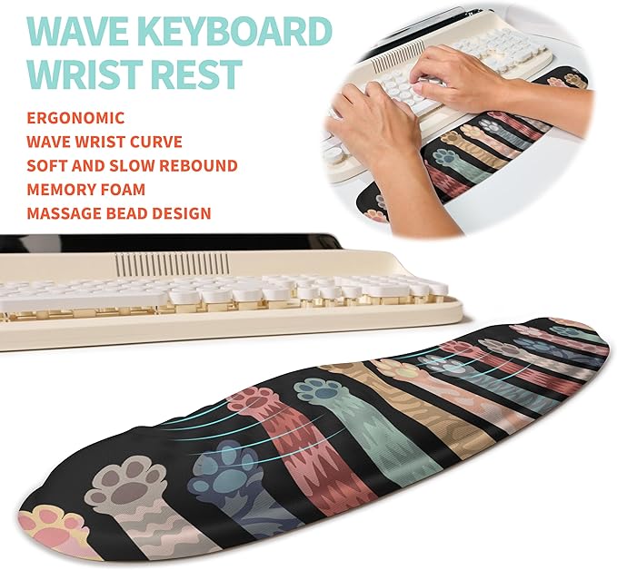 KUOSGM 2-in-1 Ergonomic Set, Wave Rise Keyboard Wrist Rest and Massage Bulge Slope Mouse Pad Wrist Support, Cushion Memory Foam Integrated to Relieve Wrist Pain, Multicolour Cat Claws