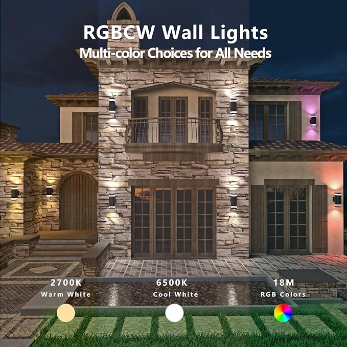 Smart WiFi Outdoor Wall Sconce Lights 2 Pack,Porch Lights RGB Color Changing App Control, Dimmable White Range of 2700K-6500K Up Down Exterior Wall Lights for House,Works with Alexa Google Assistant