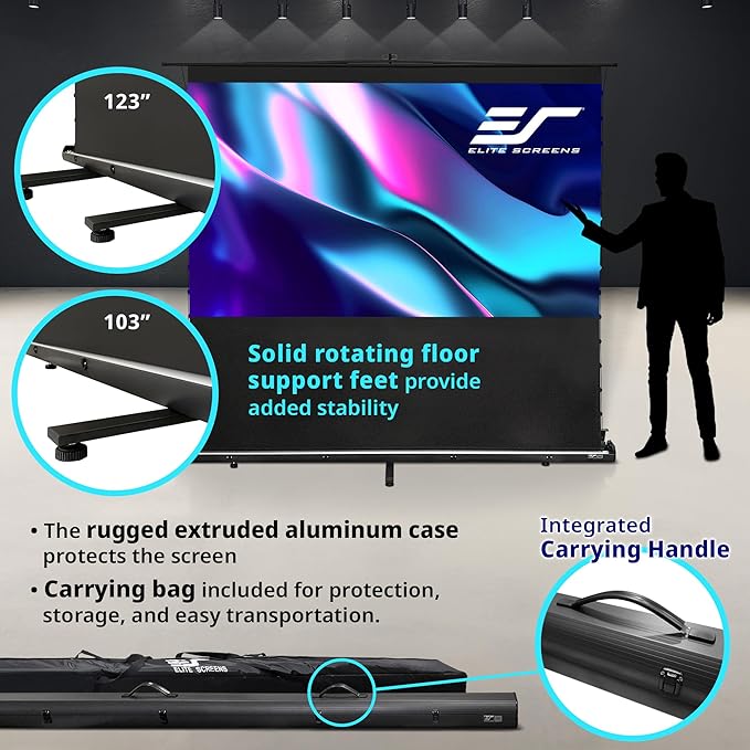 Elite Screens ezCinema Tab-Tension CLR 5, 123-inch Portable Floor-Rising UST Projector Screen, 16:9 ALR Ceiling Light Rejecting Tab-Tension Scissor-Backed Manual Pull-Up+Carry Bag, Black- FT123UH-CLR5
