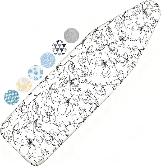 Ironing Board Cover and Pad, 15x54 Standard Size Thick Iron Padding, Scorch & Stain Resistant Ironing board cover, Heavy Duty Iron Board Padded with Adjustable Fasteners Elastic Edge, Floral White