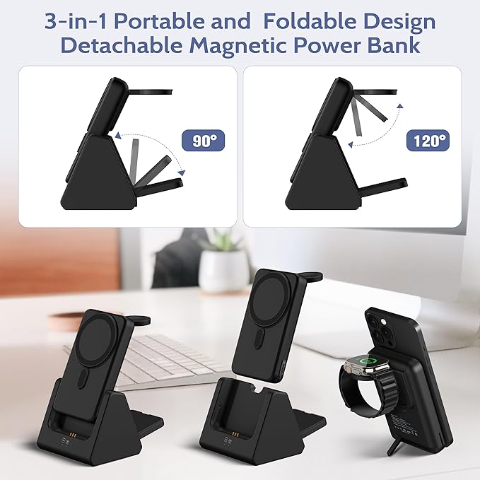 Smtcsl 3-in-1 Wireless Charging Station: Portable 10000mAh Power Bank Charger Compatible for Phone Air/17/16/15/14/13/12 Series and Watch - Detachable Magnetic Charging Stand Black