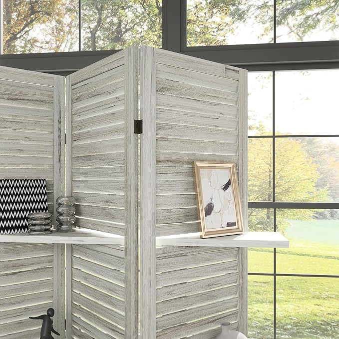 HOMCOM Room Divider, 5 Panel 67" Tall Wood Privacy Screen with 3 Display Shelves, and Folding Storage for Bedroom or Home Office, Distressed White