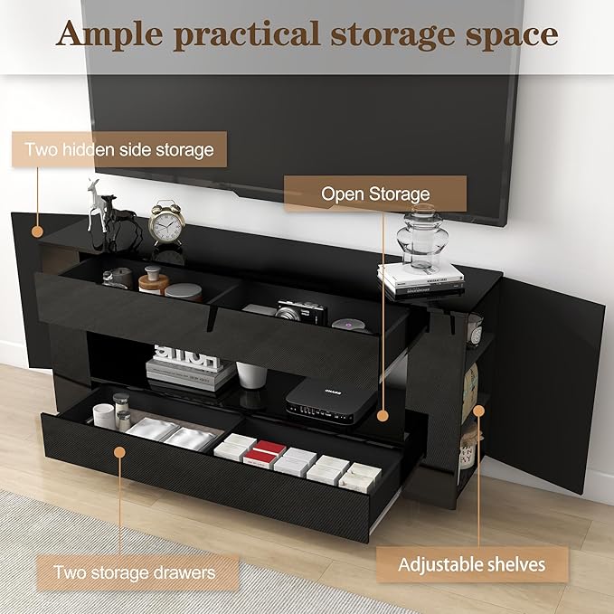 Vavkorkula High Gloss TV Stand for 65 Inch with 2 Large Drawers & Hidden Storage Cabinets, Modern Entertainment Center Television Stands for Living Room Bedroom, Black