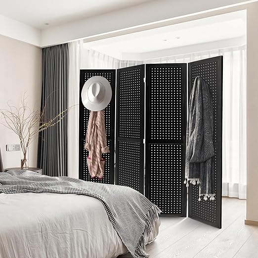 Babion 4 Panel Pegboard Display, Peg Board Room Divider Freestanding Folding Privacy Screens Display Stand for Craft Shows (Black)