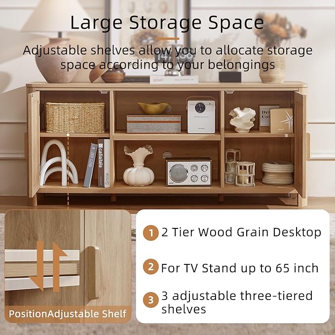 Joaxswe Farmhouse 55" Entertainment Center, Natural Oak Tv Stand with Adjustable Shelves & 2 Door Storage,Wood Media Console Cabinet for TVs Up to 65 inches, Rustic Tv Stands for Living Room,Bedroom