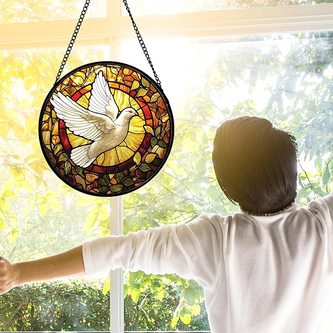 DASTOLL Stained Glass Window Hanging, Flying White Dove Sun Catchers Diamond Glass Panel Hangings Cute Birds Suncatcher Decor for Birthday for Women, Men, Wife, Aunt, and Mom 9.8X9.8 in