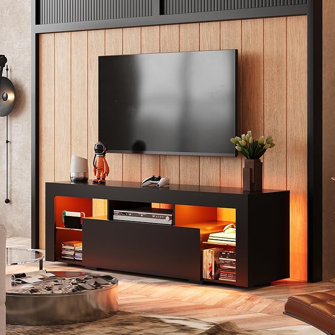 WLIVE TV Stand with LED Lights & 2 Large Storage Drawers, Modern Entertainment Center for 32/43/50/55/60 Inchs TVs, Sturdy TV Console for Living Room, Bedroom(Black)