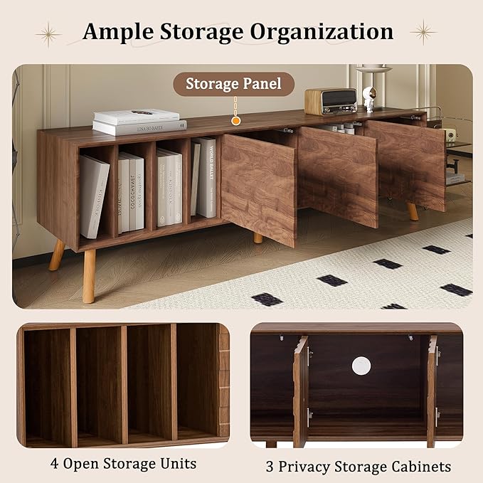 Virubi Mid-Century Modern TV Stand, Entertainment Center with 3 Doors and Open Shelf, Media Console for TVs up to 80 Inch, Television Stands with Cable Management for Living Room