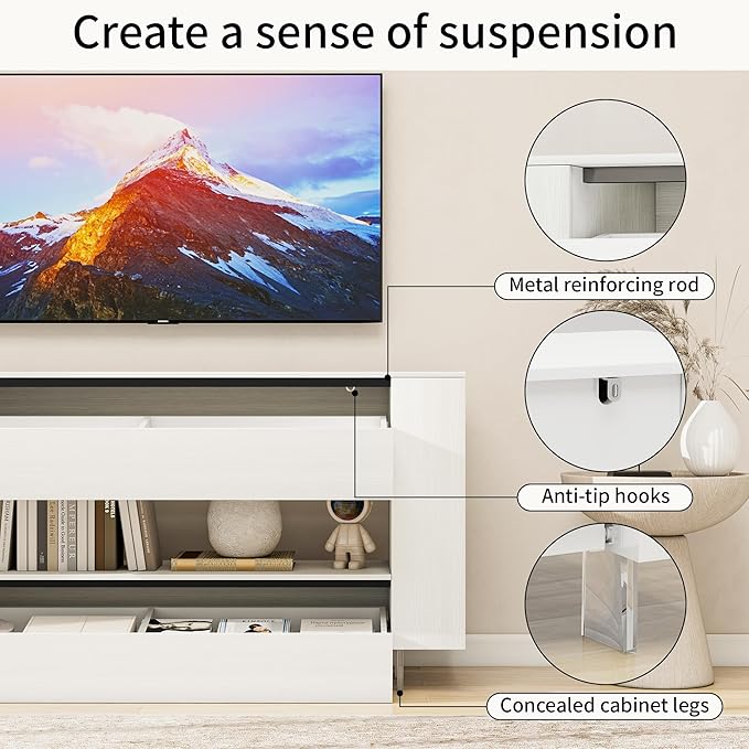 Vavkorkula TV Stand for 65 Inch with 2 Large Drawers & Hidden Storage Cabinets, Modern Farmhouse Entertainment Center Television Stands for Living Room Bedroom, White