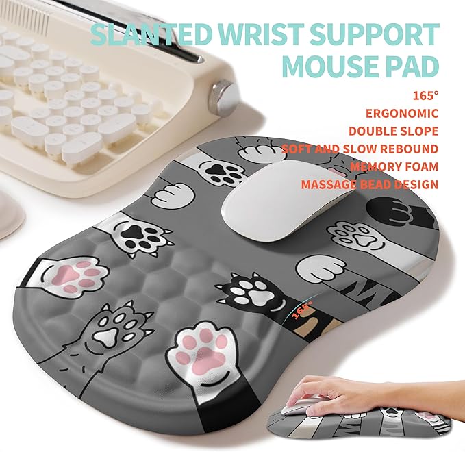 KUOSGM 2-in-1 Ergonomic Set, Wave Rise Keyboard Wrist Rest and Massage Bulge Slope Mouse Pad Wrist Support, Cushion Memory Foam Integrated to Relieve Wrist Pain, Cute Cat Paws
