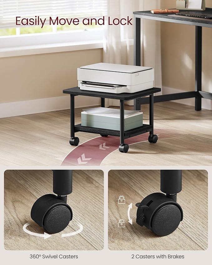 VASAGLE Heavy-Duty Printer Stand with Locking Wheels, 2-Tier Industrial Mobile Cart with Storage Shelf, Under Desk Printer Table for Home, Office, 13.4" Height, Ebony Black UOPS02B