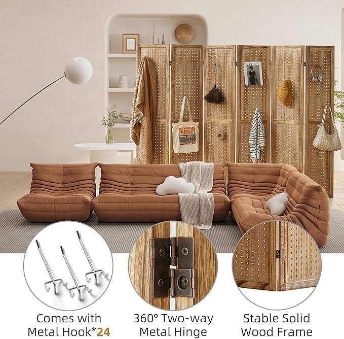 Asnefeli Pegboard Display Room Divider with 24 Hooks, 6 Panel 5.6Ft Wood Room Divider Folding Privacy Screen, Portable Freestanding Wall Organizer for Retail Craft Art Display Board, Natural