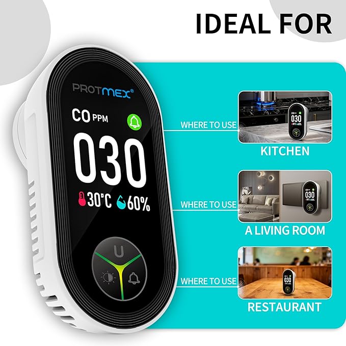 Protmex Carbon Monoxide Detector Plug in Wall, 3-in-1 Co Detector Monitor Air Quality with Temperature Humidity Sensor, Portable CO Meter Easy to Read & Install, for Home/Hotel/RV