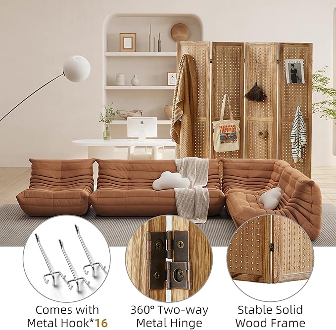 Asnefeli Pegboard Display Room Divider with 16 Hooks, 4 Panel 5.6Ft Wood Room Divider Folding Privacy Screen, Portable Freestanding Wall Organizer for Retail Craft Art Display Board, Natural