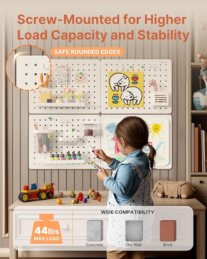 PEGZONE Pegboard Wall Organizer Combination Kit,Overall 33.1"x25.4" Metal Office Pegboard with 21 Accessories, Wall Mounted Peg board Display Panels for Home, Gaming Room, Garage (4Pcs,White)