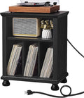Joaxswe Record Player Stand with Charging Station Up to 200 Albums, 24" Wide Mid-Century Record Player Table with Vinyl Record Storage,Large Wood Turntable Stand Dispaly Cabinet for Living Room,Black