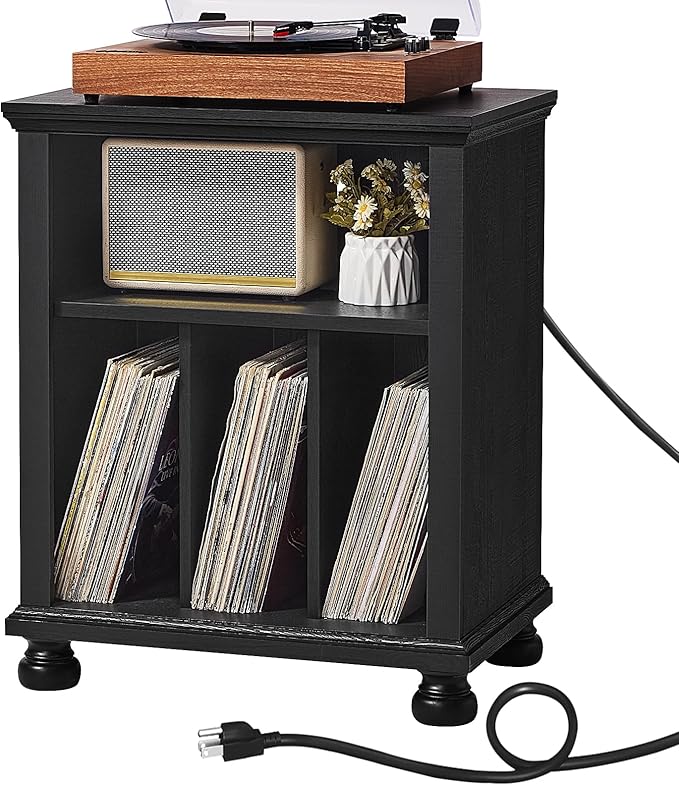 Joaxswe Record Player Stand with Charging Station Up to 200 Albums, 24" Wide Mid-Century Record Player Table with Vinyl Record Storage,Large Wood Turntable Stand Dispaly Cabinet for Living Room,Black