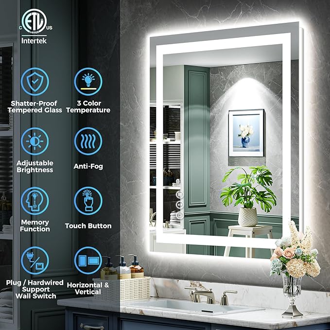 YEELAIT 30x30 Inch LED Bathroom Mirror with Lights Front and Backlit Lighted Vanity Mirror for Bathroom Wall with 3 Colors Dimmable Anti-Fog Memory Shatter-Proof IP54 Waterproof Horizontal/Vertical