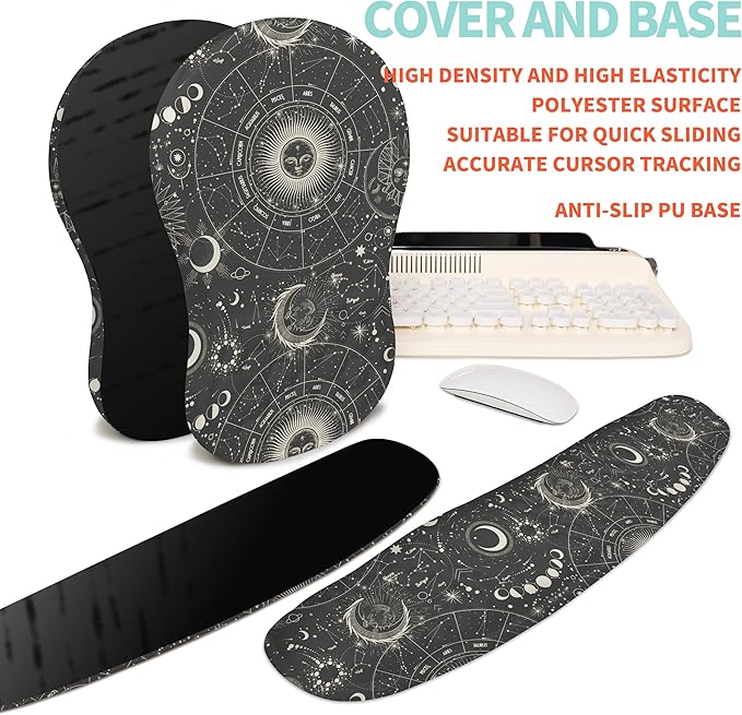 KUOSGM 2-in-1 Ergonomic Set, Wave Rise Keyboard Wrist Rest and Massage Bulge Slope Mouse Pad Wrist Support, Cushion Memory Foam Integrated to Relieve Wrist Pain, Constellation