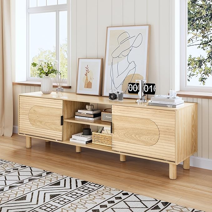Bifins 63inch Wood TV Stand for Televisions up to 70 Inches,Mid Century Modern Entertainment Center TV Console Table with Storage and Shelf for Living Room Bedroom (Natural Oak)