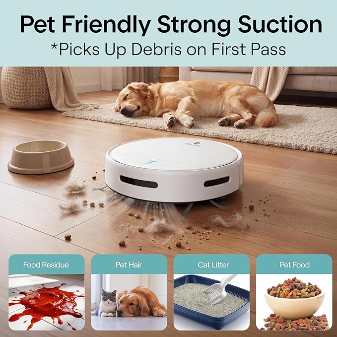 SereneLife Smart Robot Vacuum Cleaner and Mop Combo, App Control, 3 Cleaning Modes, Anti-Fall Sensors, Self-Charging, High Suction Ideal for Pet Hair, Carpet and Hard Floors, White