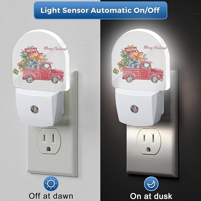YESPOAK Merry Christmas Night Light,Dusk to Dawn Round Red Truck Gifts Night Lights Plug Into Wall for Home Indoor Staircase Kitchen Corridor