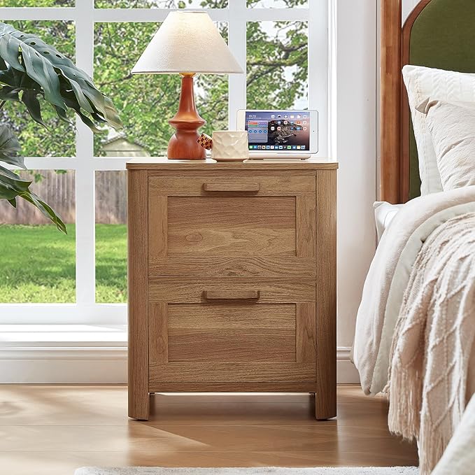 Joaxswe Farmhouse Nightstand with Charging Station, End Tables Bedroom with 2 Large Drawers & 4 Thickened Table Legs, Dark Wood