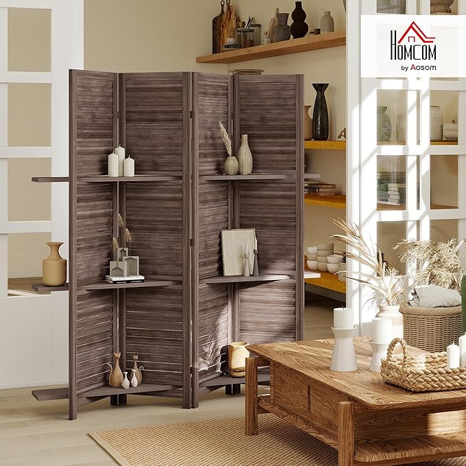 HOMCOM Room Divider, 4 Panel 67" Tall Wood Privacy Screen with 3 Display Shelves, and Folding Storage for Bedroom or Home Office, Walnut