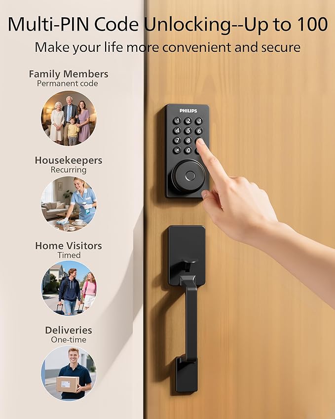 Philips Wi-Fi Smart Door Lock Deadbolt with Handle Set, Keyless Entry Door Lock for Front Door Set, Portable Fingerprint Door Lock with App Control, IP53 Waterproof, Auto Lock, Alexa Voice Control