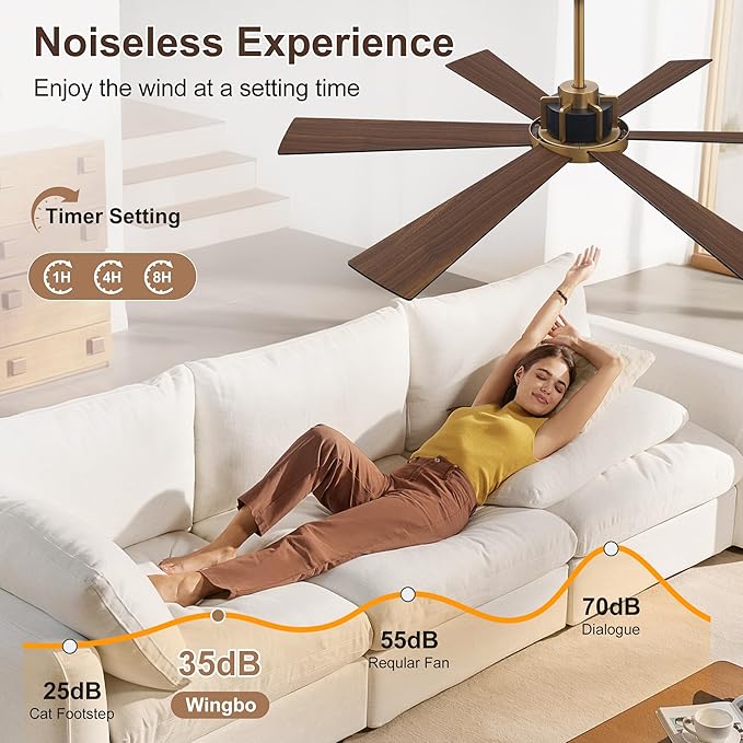 WINGBO 60 Inch Ceiling Fan without Light - 6 Plywood Blades, 6-Speed Reversible DC Motor, Noiseless Remote Control Ceiling Fan No Light for Bedroom Living Room Kitchen, Gold and Walnut/Black