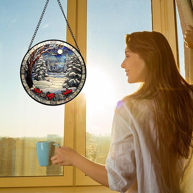 DASTOLL Stained Glass Window Hanging Christmas Tree Winter Snow Night Scenery 9.8" - Suncatcher Door Garden Kitchen Sun Catcher Home Decor Birthday for Mom Men Woman Friend