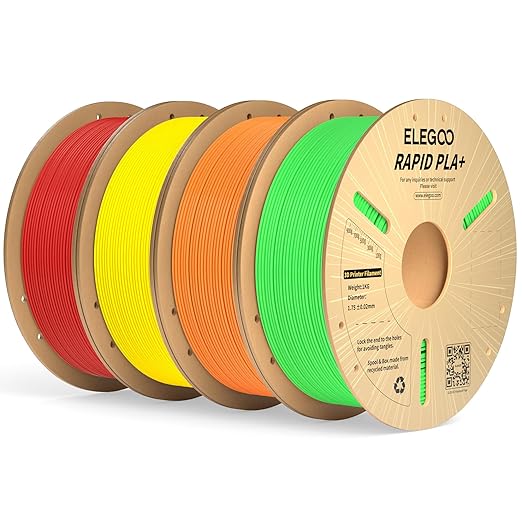 ELEGOO Rapid PLA Plus Filament 1.75mm Bundle 4KG, PLA+ 3D Printer Filament for Fast Printing, Dimensional Accuracy +/- 0.02mm, 4 Pack 1kg Cardboard Spool(2.2lbs) Green/Orange/Yellow/Red