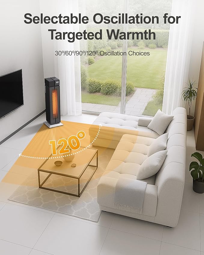 ComDomus Space Heater Large Room, 25” Electric Room Heaters for Indoor Use with 120° Oscillation, 3 Heat Levels, 3 Modes, Multiple Safety Protections, 12H Timer, Black Ceramic Tower Heater for Bedroom