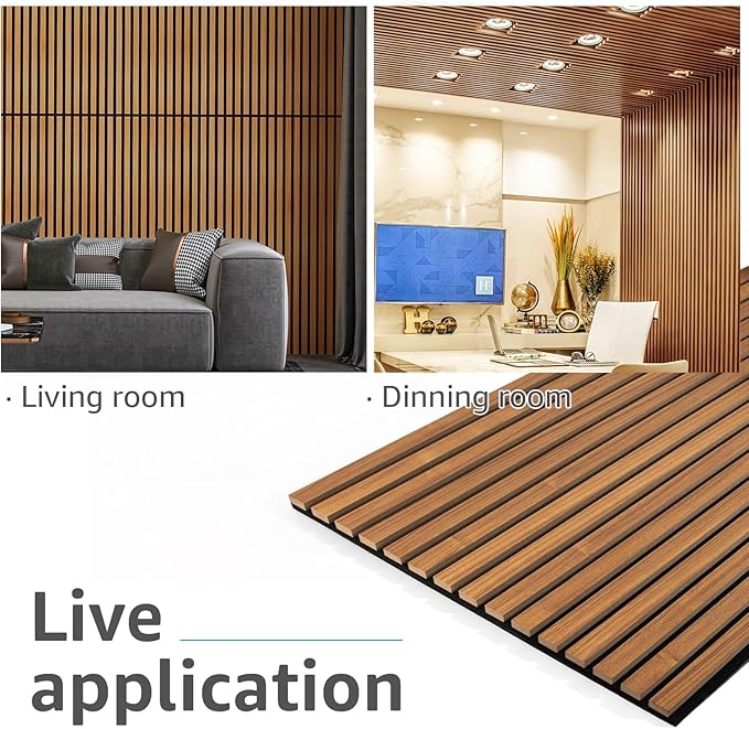 Art3d 4 Pack 47.2 x 23.6in. Wood Slat Acoustic Panels for Wall and Ceiling - 3D Fluted Sound Absorbing Panel with Wood Finish - Teak