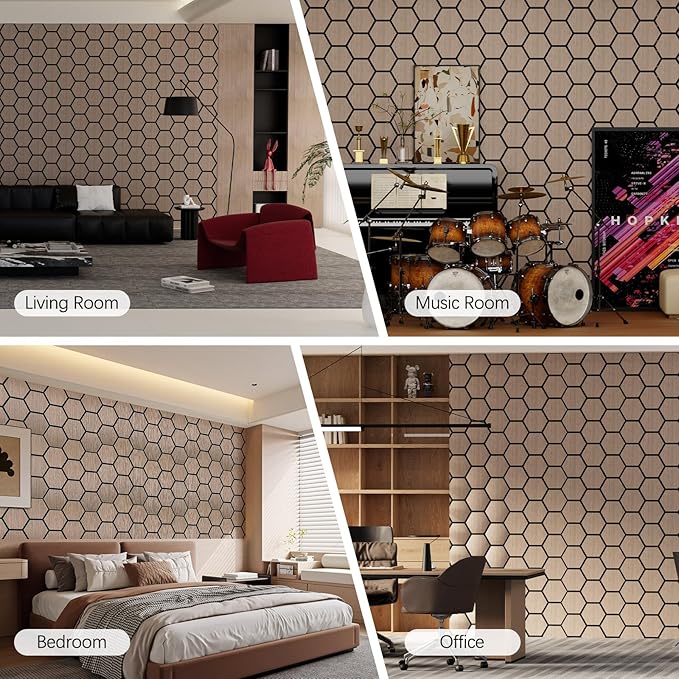 Hexagon Acoustic Wall Panels, Self-Adhesive Sound Absorbing Wall Panel by ARMURO, 4 Pack Covers 19.27 Sq Ft, Peel and Stick Noise Reducing for Home Office Studio Bedroom Wall Decor