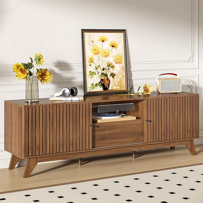 Oubayajia Mid Century Modern TV Stand for Televisions up to 70 Inches, with Sliding Doors and Storage, Curved Edge Television Stands, TV Consoles, Media Consoles for Living Room (Walnut, 70inch)