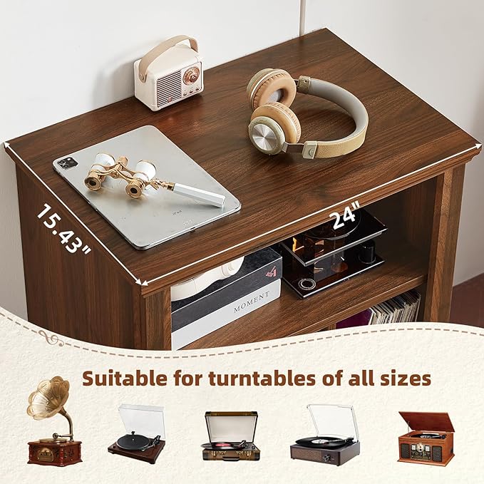 Joaxswe Record Player Stand with Vinyl Record Storage, 24" Wide Mid-Century Record Player Table Up to 200 Albums,Large Wood Turntable Stand Cabinet Dispaly Shelf for Living Room,Bedroom,Brown