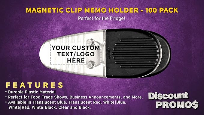 100 Magnetic Memo Holders Set - Customizable Text, Logo - Large Clip, Plastic - Clear