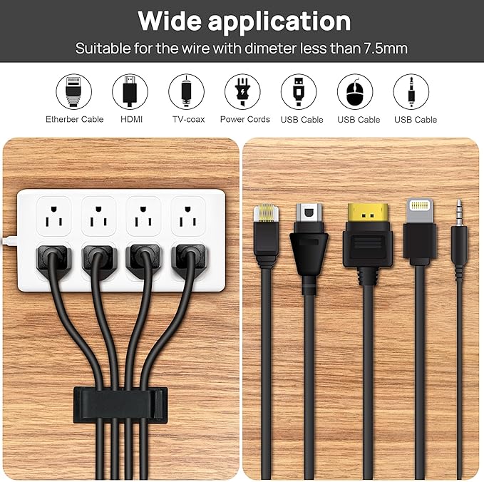 Halsouy Cable Management Clips, 20Pcs Cord Organizers Wire Clips Cord Holder for TV PC Ethernet Cable Desk Home Office (Black)