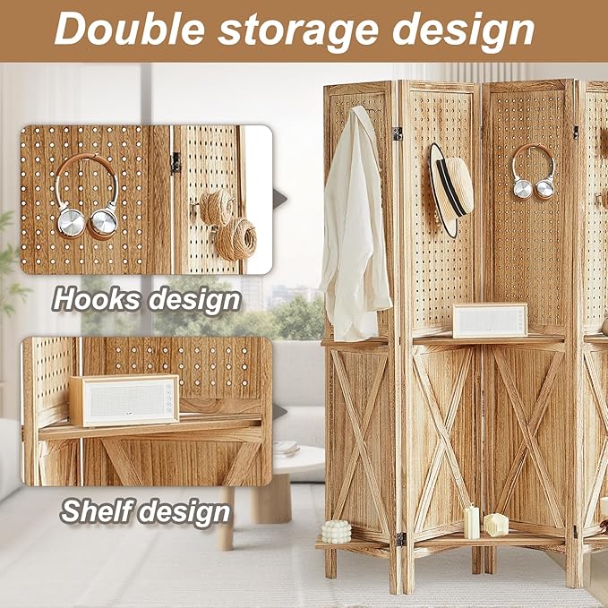 Aleesing 4 Panel Pegboard Display with 16 Hooks, Wooden Pegboard Room Divider Wall with Shelf, Partition Room Dividers and Folding Privacy Screens, Bedroom, Jewelry Store, Natural