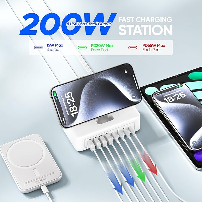 11-in-1 Charging Station USB-C Power Strip, 200W USB C Charger Block, 2AC Outlets 8USB Ports(4USB-C) Surge Protector, 5FT Flat Plug Extension Cord, PD65W Desktop Fast Charging for Home Office, White