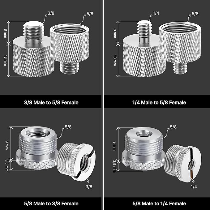 IXTECH Mic Stand Adapter Set 8 pieces Metal Microphone Stand Screw Thread Adapter 5/8 Female to 3/8 Male 3/8 Female to 5/8 Male 5/8 Female to 1/4 Male 1/4 Female to 5/8 Male Tripod Adapter ADP01A Slvr