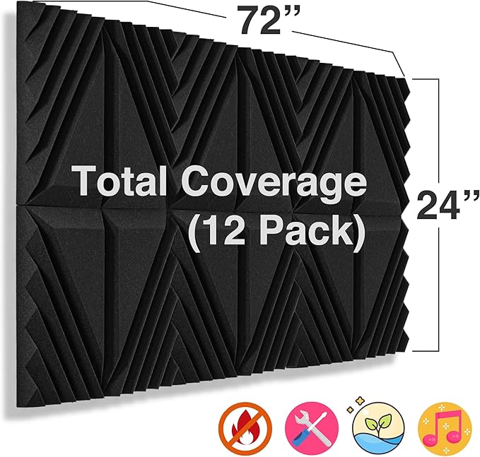 Foroomaco 12 Pack Sound Proof Foam Panels for Walls, 12x12x2 Inches Half-Slash Style Acoustic Panels for Home Studio Acoustic Treatment (Black)