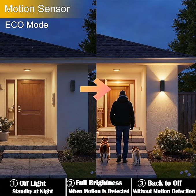 WISELUME Motion Sensor Outdoor Wall Lights, Dusk to Dawn Porch & Patio Sconce with E26 Dimmable LED Bulbs, Black Aluminum Up & Down Exterior Light Fixtures for Garage, Front Door, ETL Listed