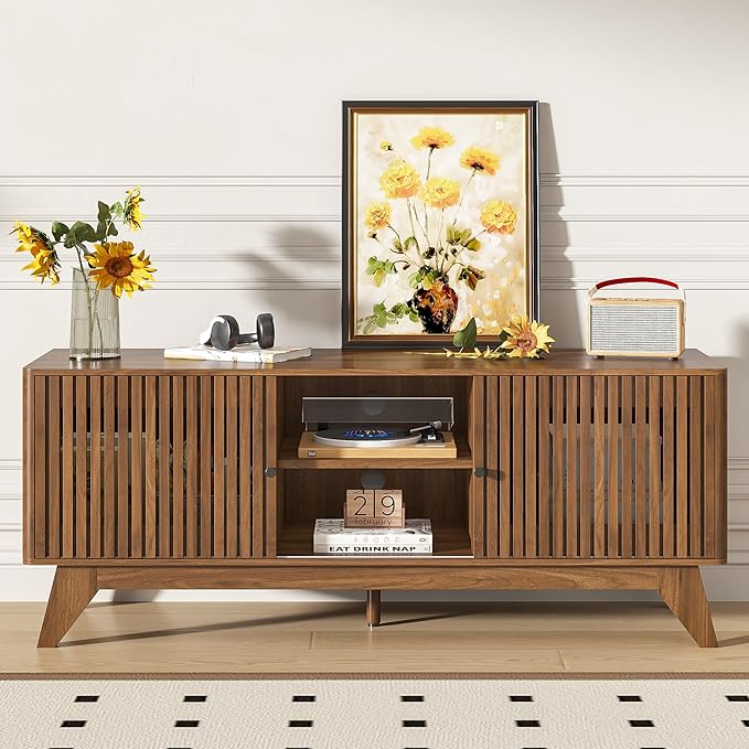 Oubayajia Mid Century Modern TV Stand for Televisions up to 60 Inches, with Sliding Doors and Storage, Curved Edge Television Stands, TV Consoles, Media Consoles for Living Room (Walnut, 51.2inch)